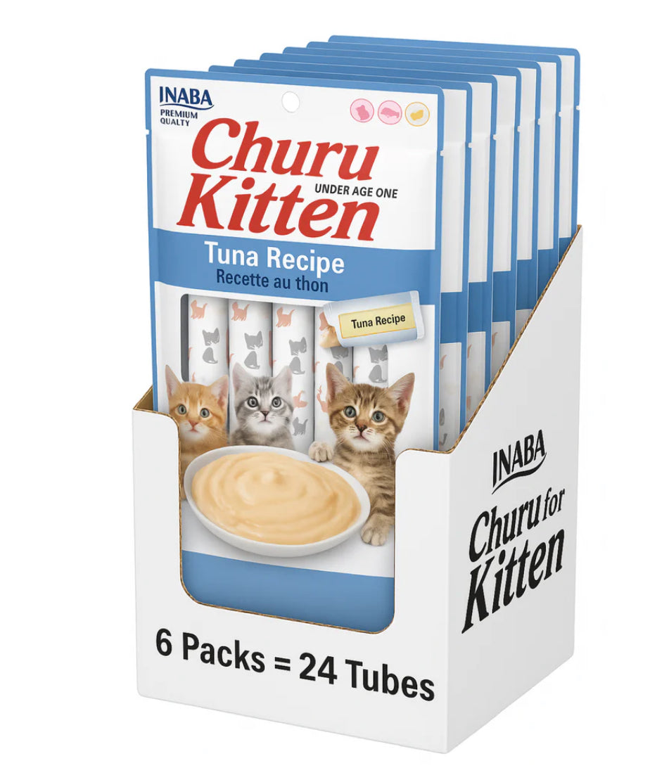 Inaba Churu Kitten Premio Cremoso Natural para Gatito Receta Atún, Caja con 6 Bolsas con 4pzas c/u.