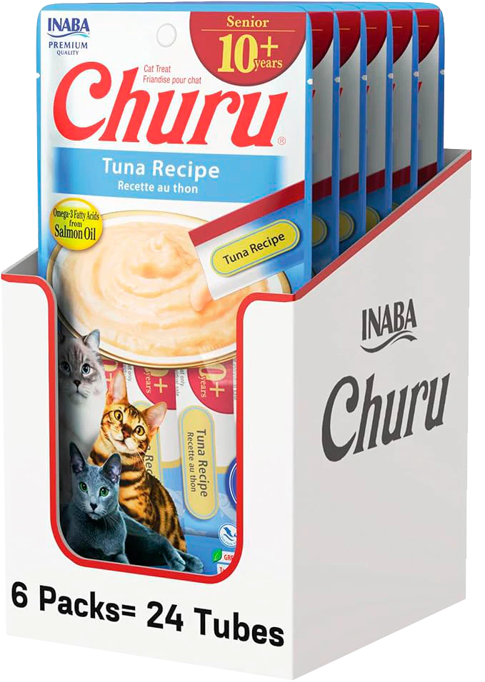 Inaba Churu Premio Cremoso Natural para Gato Senior Receta Atún, Caja con 6 Bolsas con 4pzas c/u.