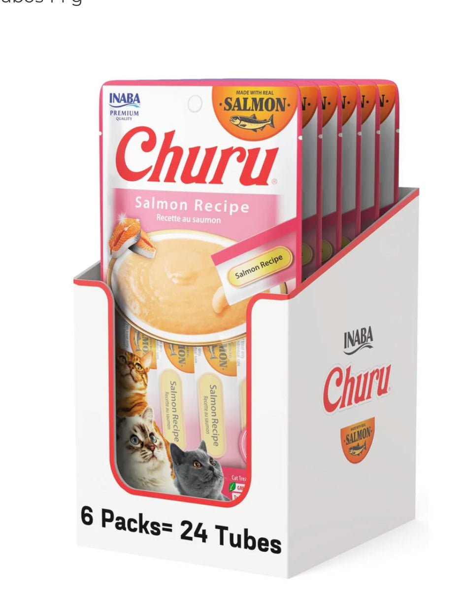 Inaba Churu Premio Cremoso Natural para Gato Todas las Etapas de Vida Receta Salmón, Caja con 6 Bolsas con 4pzas c/u.
