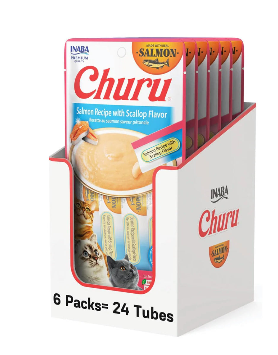 Inaba Churu Premio Cremoso Natural para Gato Todas las Etapas de Vida Receta Salmón y Vieira, Caja con 6 Bolsas con 4pzas c/u.