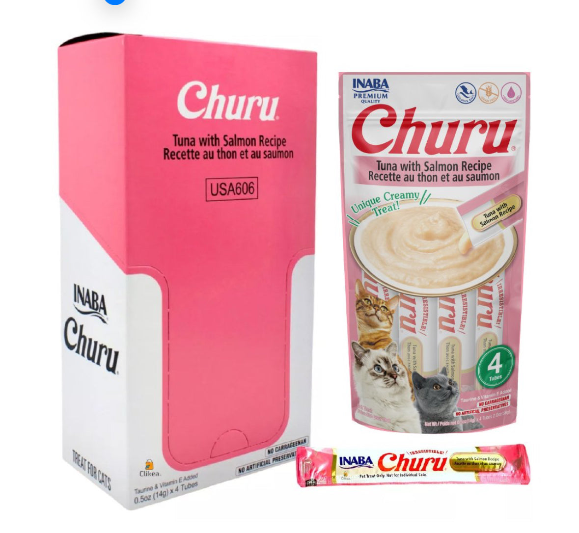 Inaba Churu Premio Cremoso Natural para Gato Todas las Etapas de Vida Receta Atún y Salmón, Caja con 6 Bolsas con 4pzas c/u.