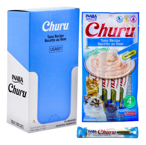 Inaba Churu Premio Cremoso Natural para Gato Todas las Etapas de Vida Receta Atún, Caja con 6 Bolsas con 4pzas c/u.