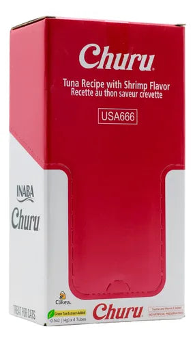 Inaba Churu Premio Cremoso Natural para Gato Todas las Etapas de Vida Receta Atún y Camarón, Caja con 6 Bolsas con 4pzas c/u.