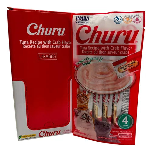 Inaba Churu Premio Cremoso Natural para Gato Todas las Etapas de Vida Receta Atún y Cangrejo, Caja con 6 Bolsas con 4pzas c/u.