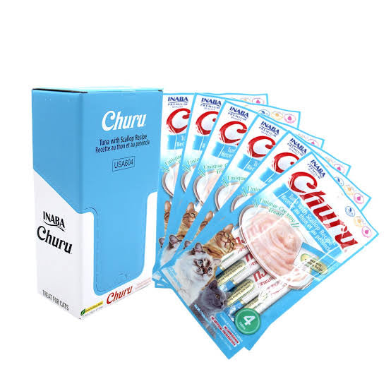 Inaba Churu Premio Cremoso Natural para Gato Todas las Etapas de Vida Receta Atún y Vieira, Caja con 6 Bolsas con 4pzas c/u.