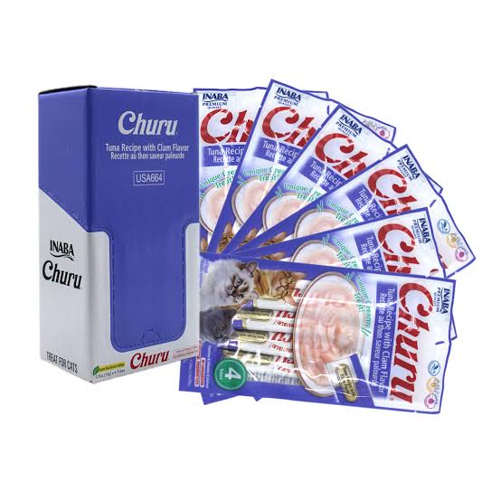 Inaba Churu Premio Cremoso Natural para Gato Todas las Etapas de Vida Receta Atún y Almeja, Caja con 6 Bolsas con 4pzas c/u.