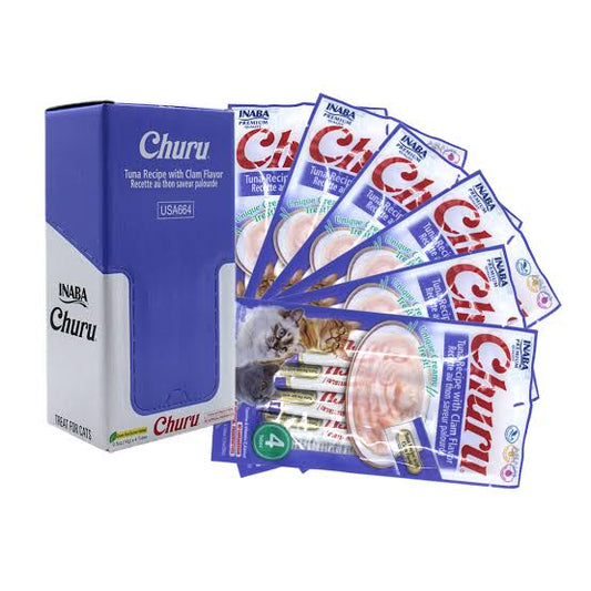 Inaba Churu Premio Cremoso Natural para Gato Todas las Etapas de Vida Receta Atún y Almeja, Caja con 6 Bolsas con 4pzas c/u.