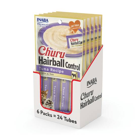 Inaba Churu Hairball Control Premio Cremoso Natural para Gato Control de Pelo Receta Atún, Caja con 6 Bolsas con 4pzas c/u.