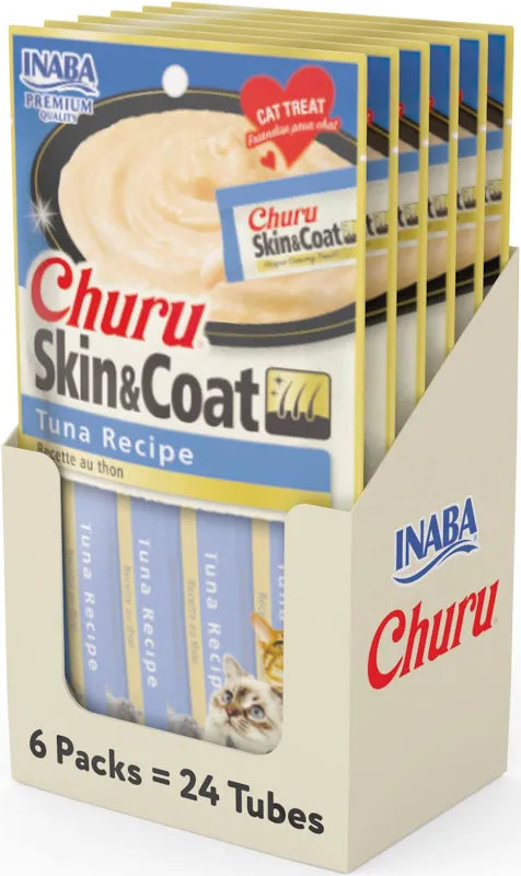 Inaba Churu Skin & Coat Premio Cremoso Natural para Gato para Piel y Pelaje Receta Atún, Caja con 6 Bolsas con 4pzas c/u.