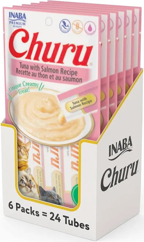 Inaba Churu Premio Cremoso Natural para Gato Todas las Etapas de Vida Receta Salmón y Atún, Caja con 6 Bolsas con 4pzas c/u.