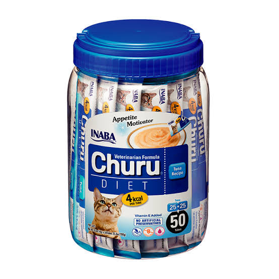 Inaba Churu Diet Premio Cremoso Natural para Gato, Estimulador de Apetito Receta Atún, Bote con 50pzs